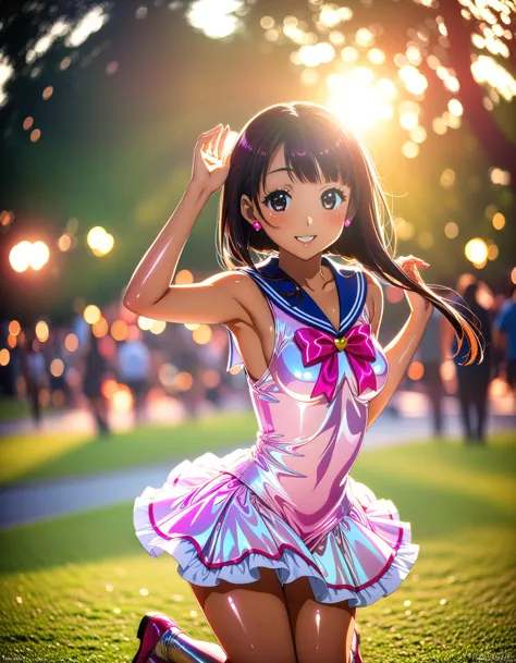 pri dream cure animation cel shading, toon rendering, masterpiece, awesome top artist illustration used by apparel ads, gravure beautiful poses, (kawaii:1.2),shiny latex magical girl dress liked sailor uniform, makeup gyaru, happy smile, glistening latex, dynamic dance jump, on park at noon, raw, 200mm f2.8 bokeh, insane sharpness, global illumination, perfect female proportion, 135mm f1.4, bokeh, glossy skin oily, perfect anatomy, clothes reflecting light, extremely shiny clothes,masterpiece, best quality, radiosity, <lora:sd_xl_offset_example-lora_1.0:0.1>,<lora:Fixhands_anime_bdsqlsz_V1:0.8>,<lora:Hyper-SDXL-12steps-CFG-lora_rank1:0.5>