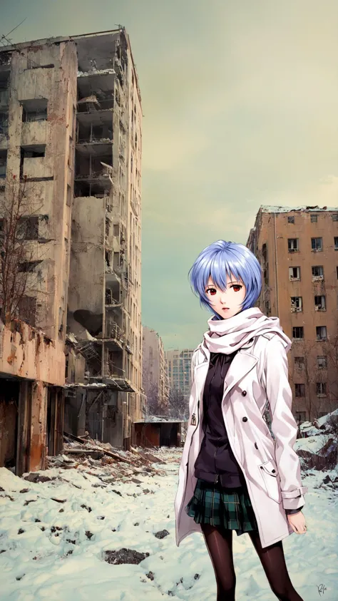 1girl,solo,ayanami rei,ruins,blue hair,coat,red eyes,skirt,plaid,hood,short hair,pantyhose,standing,plaid skirt,hood up,white coat,outdoors,building,looking at viewer,signature,long sleeves,scarf,hair between eyes,hooded coat,bangs,city,open coat,parted lips,,<lora:Sadamoto Yoshiyuki_XL_V3:1.8>