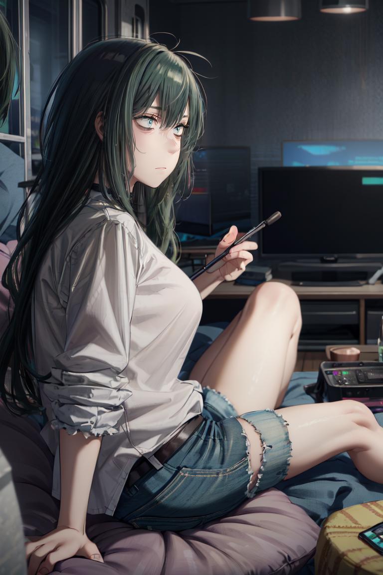 Anime girl sitting on a bed with a cell phone in her hand - SeaArt AI