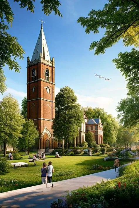 rendering of a church with a clock tower and a walkway