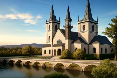 arafed view of a church with a bridge and a river