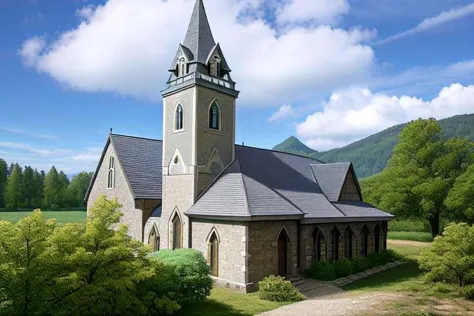 arafed church with steeple and steeple on a sunny day