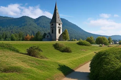 there is a small church in the middle of a grassy field