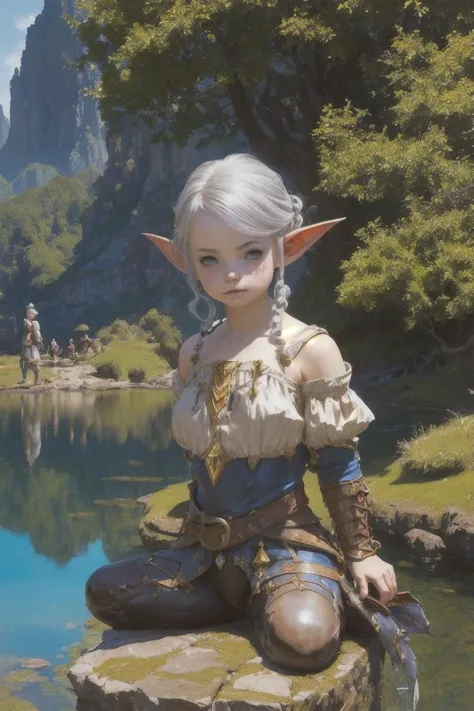 1girl, lalafell, pointy ears, shortstack, flat chest, medieval clothes, in lake, reflection, (oil painting:1.3), illustration, by (Clyde caldwell, frank frazetta, Larry Elmore:1.2), (beautiful eyes, detailed pupils:1.2), dnd, fantasy art, best quality, masterpiece, <lora:LalafellXIV_v1:0.8>