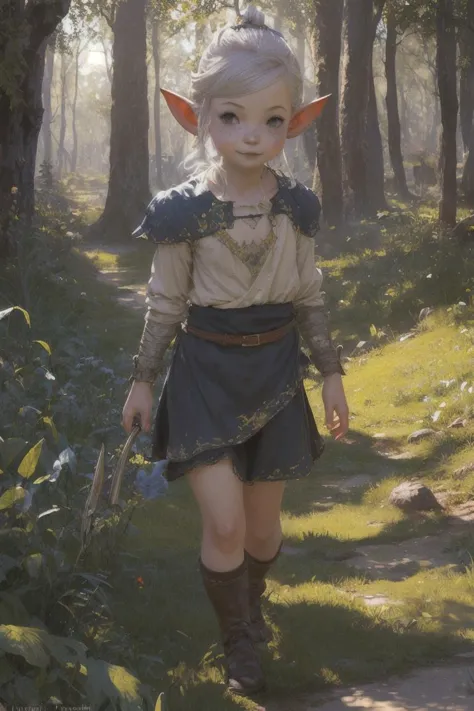 a painting of a girl in a costume walking through a forest