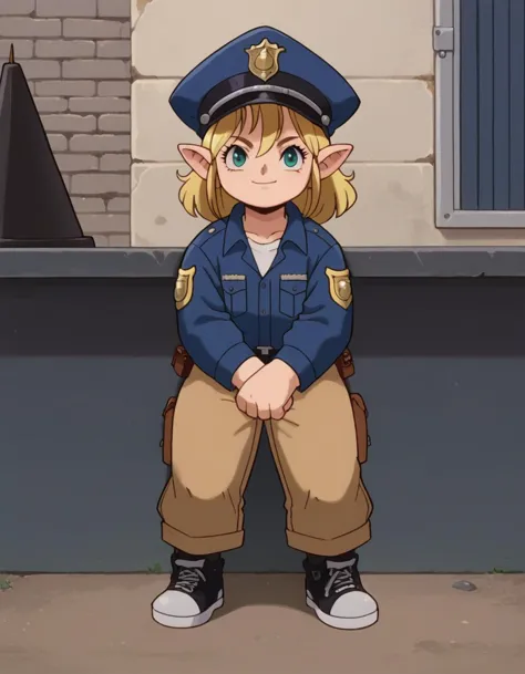 zPDXL, score_9, score_8_up, score_7_up, source_anime,
1girl, solo, light smile, (head_rest), police officer wearing Traffic police uniform in high-visibility yellow, reflective jacket, cargo pants, traffic cone hat, black sneakers, <lora:Lalafell_v2-10:1> lalafell, pointy ears, shortstack, flat chest, (portrait), <lora:Gunsmith_ver3:0.8> gnsmth , (tracking shot),