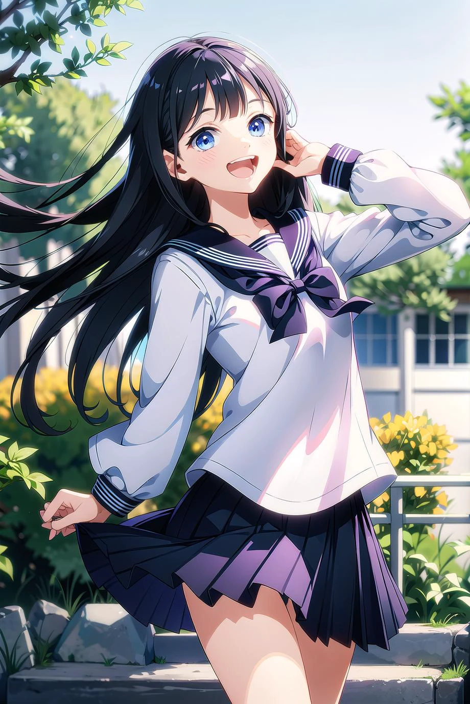 1girl, , skirt, solo, long hair, blue eyes, serafuku, black hair, sailor collar, shirt, long sleeves, blurry, looking at viewer, bow, blurry background, white shirt, stairs, pleated skirt, black skirt, smile, blue bow, bangs, depth of field, black sailor collar, standing, school, neckerchief, closed mouth, bowtie, blue skirt, akebisailor,open mouth,