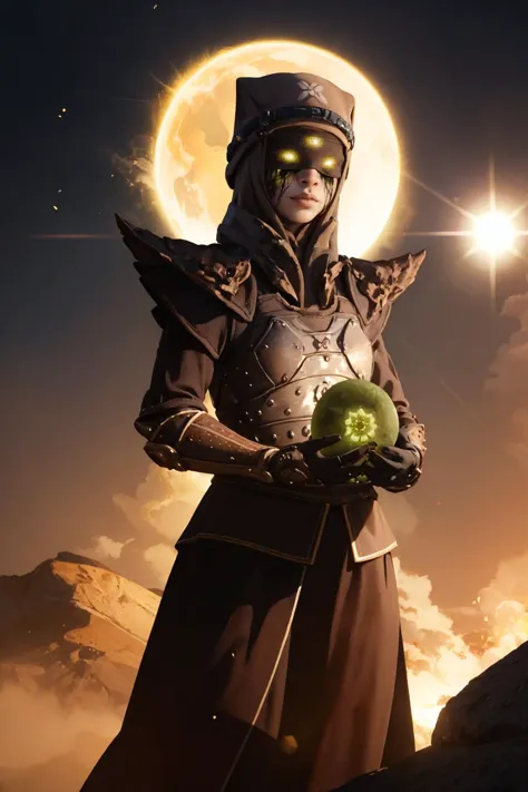 masterpiece, best quality, outdoors, lens flare, depth of field, light particles, 1girl, solo, breasts, looking at viewer,  erismorn, glowing, armor, shoulder armor, orb,