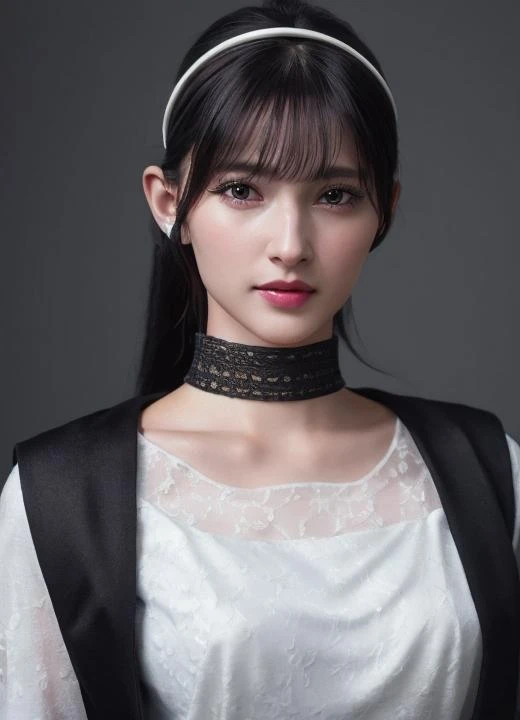 tsumuri, white hairband, black choker, cinematic lighting,(RAW photo, best quality), (realistic, photo-realistic:1),( realistic:1.1,) masterpiece, an extremely delicate and beautiful, extremely detailed, 4k wallpaper, Amazing, finely detail, extremely detailed CG unity 8k wallpaper, ultra-detailed, highres, soft light, beautiful detailed girl, detailed face, extremely detailed face, extremely detailed eyes and face, beautiful detailed nose, beautiful detailed eyes, slender body, white dress, black and white jacket, long sleeves, corset, wide sleeves, close-up, look at camera, lean on bed,