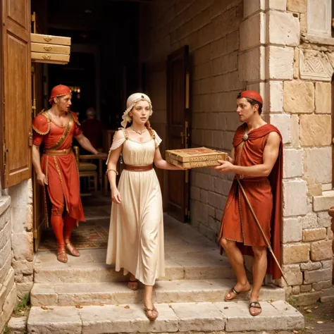 <lora:p1zz4d3l1v3ry Pizza Delivery:1>  a woman delivering pizza to the (emperor:1.2) in the ancient (Roman Empire:1.2)