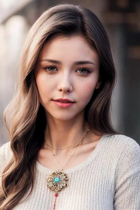 a woman with long hair wearing a necklace and a sweater