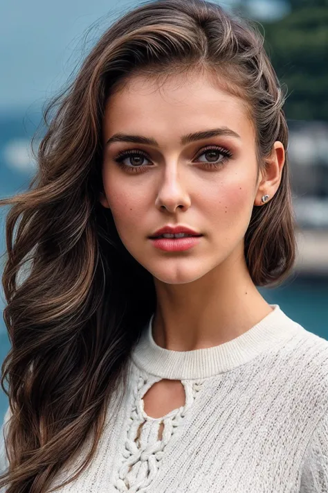 a close up of a woman with long hair wearing a sweater