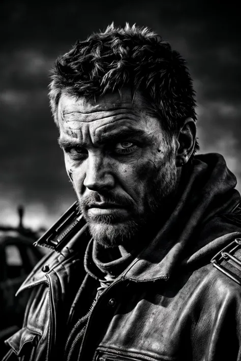 a man,
Gritty and apocalyptic attire, featuring rugged and worn-out designs, fierce and survivalist pose, medium shot, (digital, desaturated and gritty colors, a touch of post-apocalyptic filters), (Wasteland Setting, with barren landscapes, intense car chases, and a sense of chaos and desperation), intense and determined eyes, a rugged and hardened expression, weathered and chapped lips, (determined gaze: 1.1), rugged and utilitarian accessories, (Mad Max-inspired shot: 1.3), (harsh and harsh lighting, capturing the harsh and desolate ambiance with a combination of harsh and directional lights, creating strong contrasts and emphasizing the ruggedness of the character),
<lora:add_detail:0.6>,