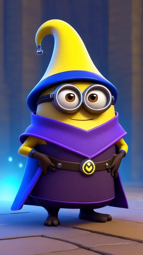 A minion dressed as a wizard with a purple cape and a purple hat ...