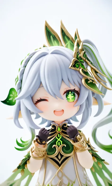 a close up of a doll with a green head and green eyes