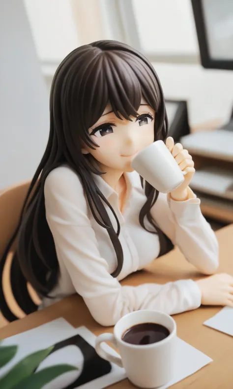 a close up of a person sitting at a table with a cup of coffee