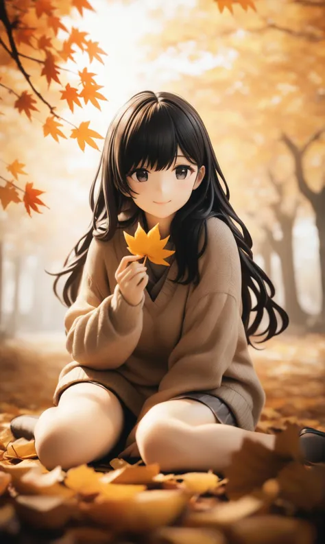 a girl sitting on the ground holding a leaf in front of her face