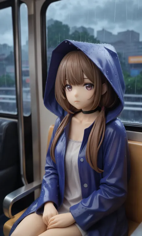 a close up of a doll sitting on a train seat