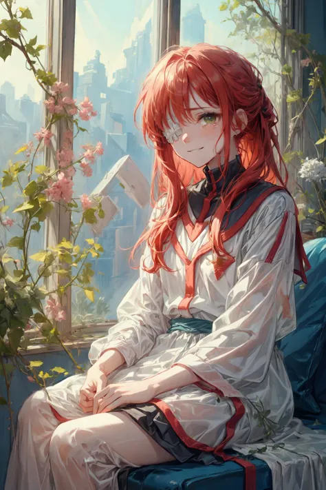 anime girl sitting on a window sill reading a book