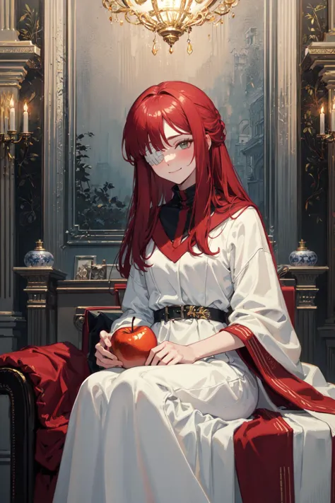 anime girl sitting on a chair holding an apple in her hand