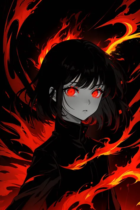 a girl with red eyes and black hair in flames