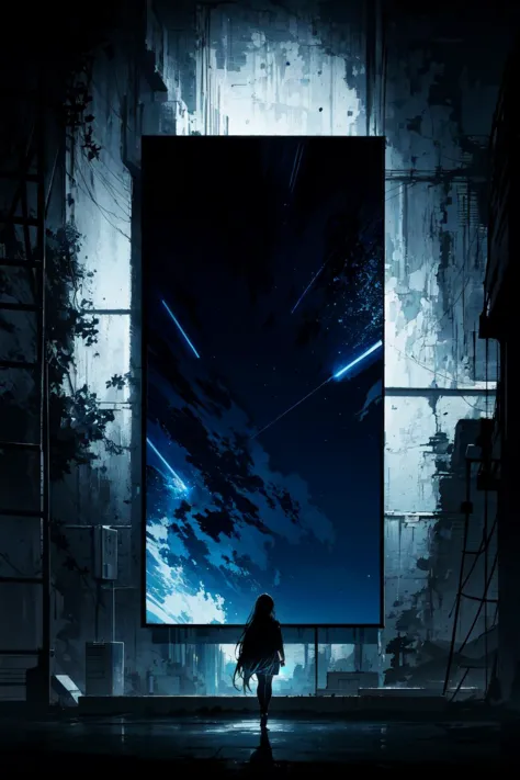 a woman standing in front of a large picture of a sky