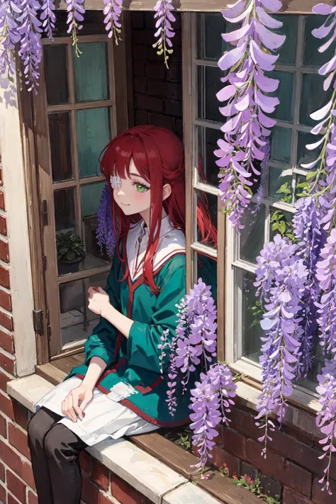 anime girl sitting on a window ledge with purple flowers