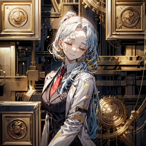 anime girl with long blue hair and a black dress standing in front of a clock