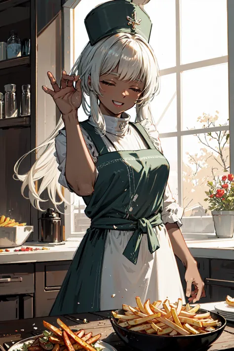 (masterpiece, 8k, natural lighting, soft lighting, sunlight,:1.3) HDR (High Dynamic Range), Maximum Clarity And Sharpness, Multi-Layered Textures,
(1girl, charonlora,chef's hat,white apron,dark skin ,silver very long hair,:1.3) ,salting a giant french fries dish, (((laughing:1.15))), cinematic lighting, film grain,pigtail hair ,perfect detail hands,perfect detail fingers,  <lora:SaltBaeMeme:0.8> SaltBaeMeme, salt, <lora:Charon576V1:0.6>