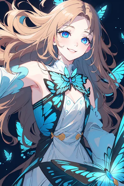 a girl with long hair and blue eyes holding a butterfly