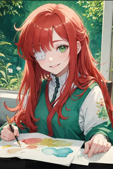 anime girl with red hair and green eyes sitting at a table