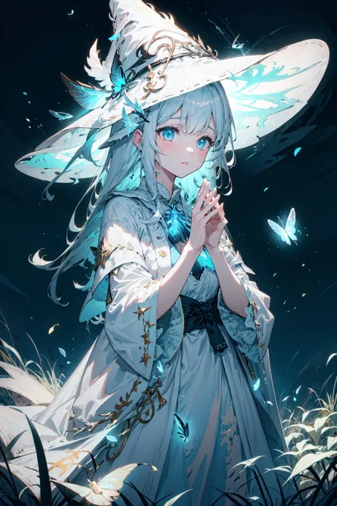 (perfect detail hands,perfect detail fingers:1.3),1girl,
natural lighting, soft lighting, sunlight, HDR (High Dynamic Range), Maximum Clarity And Sharpness, Multi-Layered Textures,Neon blue fireflies,night sky edgWHM, white mage robe, white mage hat