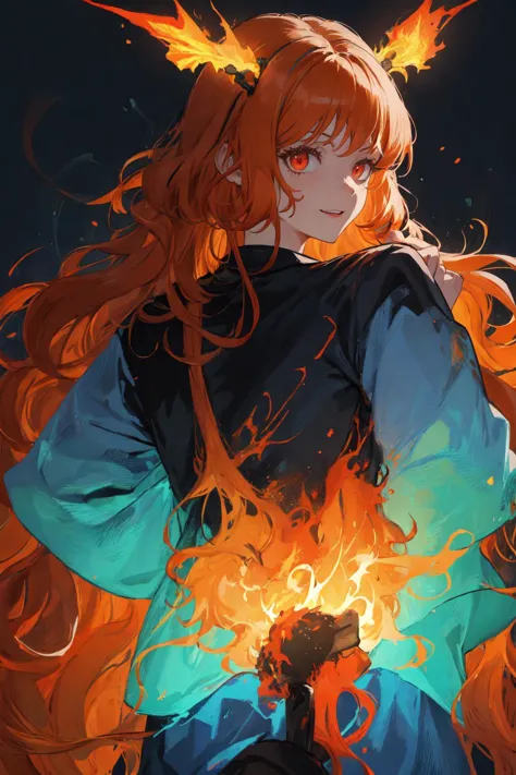 a woman with long red hair holding a sword and fire