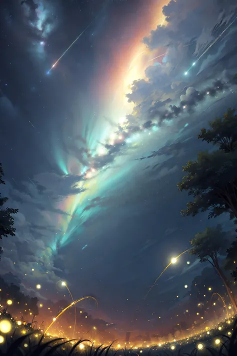 meteor shower night sky ,fireflies, <lora:4960_fireflies:1> fireflies