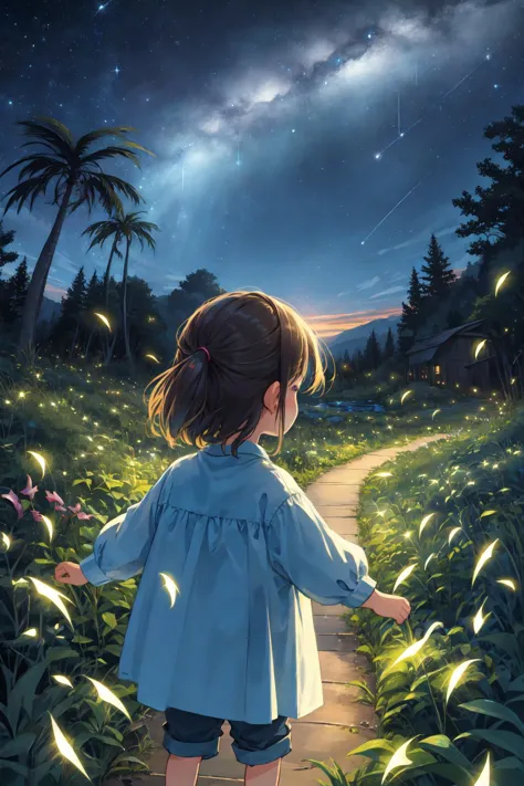 fantasy illustration,beautiful night sky,stars,low light plants,light spot,
<lora:4960_fireflies:0.6> fireflies,(child:1.3),