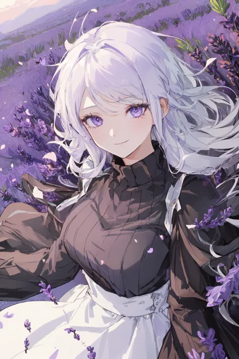 anime girl with white hair and blue eyes laying in a field of purple flowers