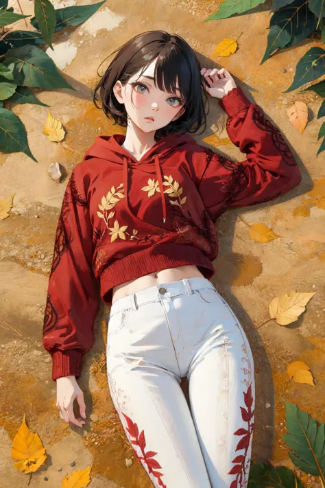 masterpiece, best quality, high quality, highres, absurdres, ultra-detailed, best anatomy, 
detailed eyes, perfect eyes, slim body, slim legs, 
short hair, yellow eyes,, 1girl, solo,white pants, very small breastsupper body,show waist, <lora:DudouHoodies:0.8> (dudou,dudou_embroidery:1.3), ([hoodie|dudou]::0.5), (red pattern hoodie:1.2),  <lora:LeafArt_v1_R32:0.8> leafart, leaf