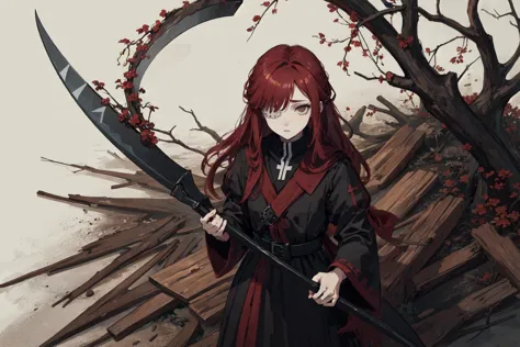 (close-up,high angle,:1.5),eyepatch,
(dead branches theme,dead wood theme,withered vine theme,spikes theme,dead plant themed long dress:1.6),
dark theme, 1 girl,firm,steady,
ultra high res, masterpiece, best quality, highly detailed face, perfect eyes,(suffocating horror:1.5),  <lora:Yuri:0.8>(yuriai, long hair, red hair:1.35),
<lora:reaper:0.2> reaper theme wearing, (holding dead wood's theme  scythe:1.444564687)