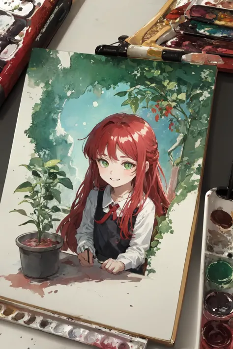 a painting of a girl with red hair sitting next to a potted plant