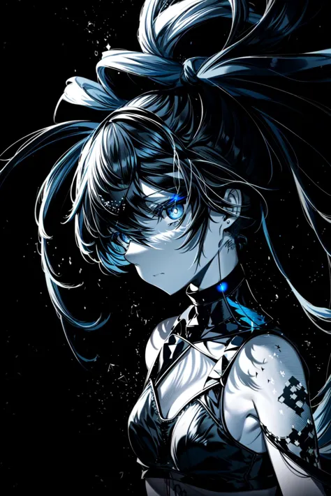 1 Mädchen, Black Rock Shooter,Sehr langes Haar,Zwillingsschwänze, (Charakter),(best art,schwarzes Papier,blaue Linie,,:1.3), Schwarzes Thema, Weißes Thema,blaues Thema, weiße Haut,ultrahohe Auflösung, Meisterwerk, beste Qualität,