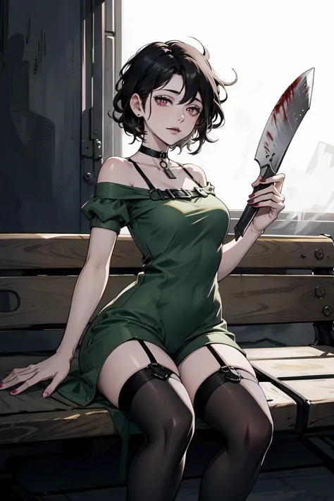 masterpiece, best quality, wide-angle Hyperdetailed, masterpiece, 8k, natural lighting, soft lighting, sunlight, HDR (High Dynamic Range), Maximum Clarity And Sharpness, Multi-Layered Textures,
perfect hands,perfect fingers,
1girl, green dress, :3, white outline, looking at viewer, choker, holding cleaver, blood drip, black choker, black hair, pink eyes, shorts, on bench, park, nail polish, thighhighs,
 <lora:ashley:0.8> <lora:BigBooty-V2:0.8> ass <lora:badgirl-test-lora-wdvae:0.8> bad-girl,