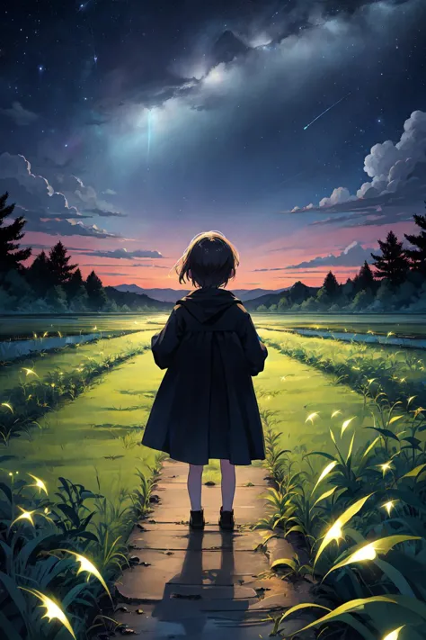 fantasy illustration,beautiful night sky,stars,low light plants,light spot,
<lora:4960_fireflies:0.6> fireflies,(child,facing aw...
