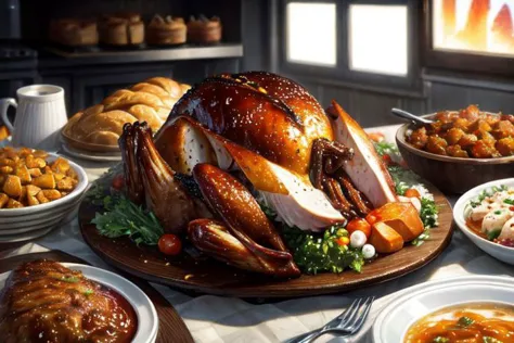 a close up of a turkey on a platter with other dishes