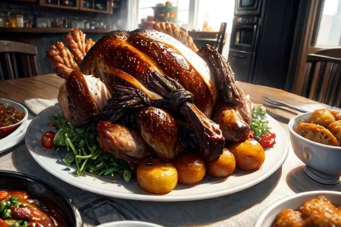 a close up of a turkey on a plate with other dishes