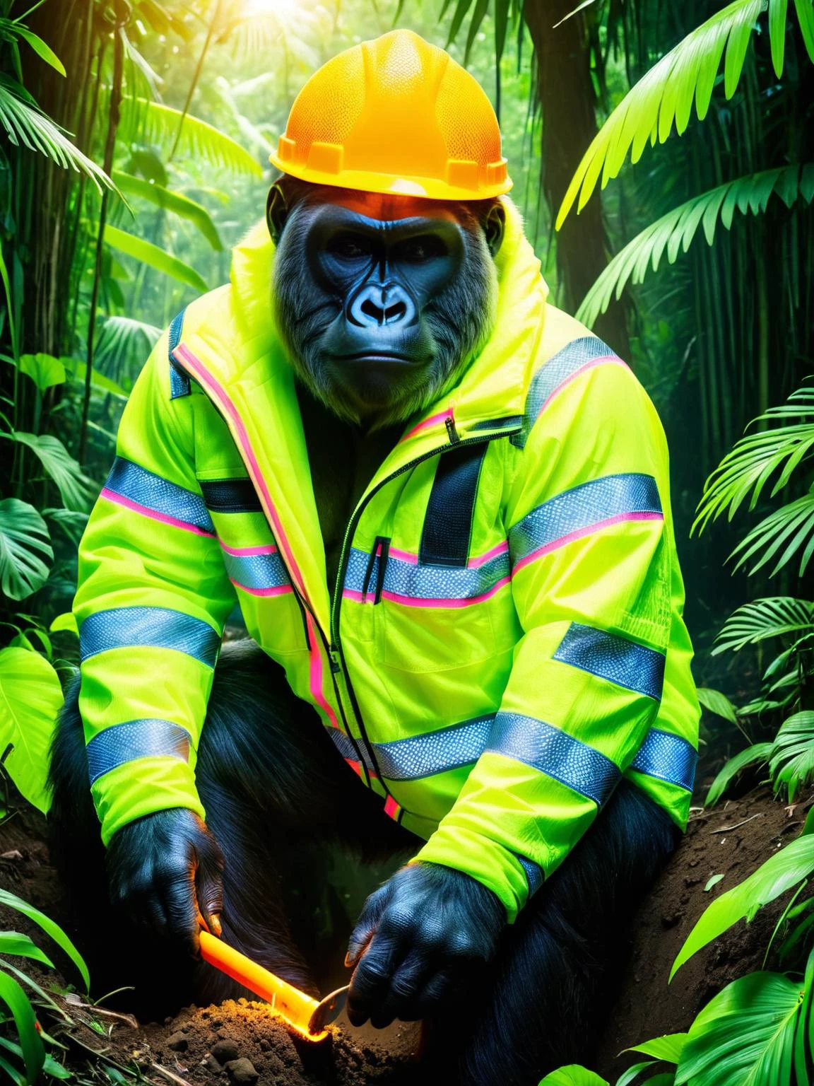 горилла роет яму в джунглях в куртке высокой видимости RAL 