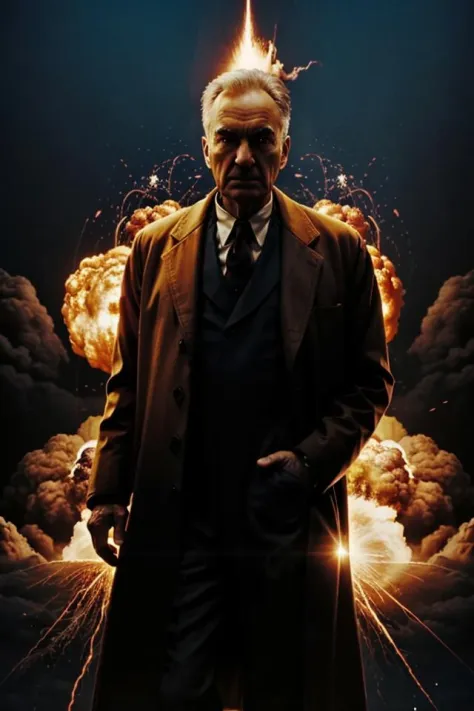 a upper body shot photo of 1man surrounded by orange explode,Oppenheimer,white coat,silhouette,cutout,nuclear explosion,blurry background,