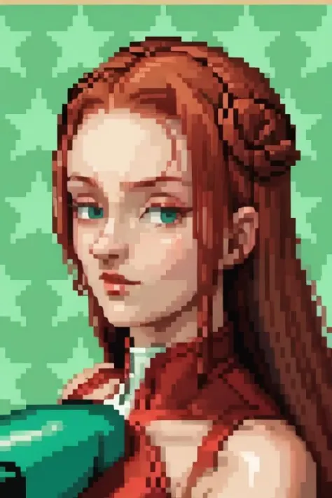 <lora:SNES Super Punch Out Portraits V2-000003:0.75> super_punch_out_portrait, white border, star_patterned_background, boxing glove, green background,   <lora:Sansa Stark:1> Sansa Stark, masterpiece, highest quality, highest quality visuals, highest details