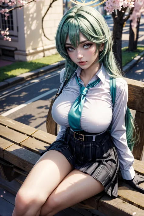 (ultra realistic,32k, masterpiece:1.2),(high detailed skin:1.1),( high quality:1.1),
<lora:yume_ba:0.85>yume ba,disdain,(mascara, long lashes:1.1), long mint green hair, halo,ahoge, shirt, blue necktie, solo, halo, plaid skirt, shirt tucked in, black gloves, collared shirt,  gloves, skirt, black skirt, pleated skirt, 1girl, necktie, white shirt, ahoge, long sleeves, city park, sunshine, cherry blossoms, blurry background,,(looking at viewer, sitting, crossed legs, from above:1.1),, (huge breast,large breast:1.1),<lora:add_detail:0.8>,full body, 
(dense light rays:1.1),