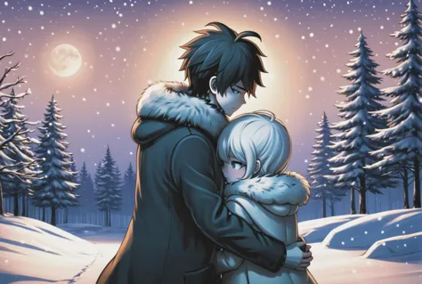 a couple, tender embrace, romantic scenery, moonlit night, silhouette figures, soft illumination, close connection, loving gestures, dreamlike ambiance, cozy atmosphere, warm clothing, winter wonderland, snowy background, handholding, fur coat, cuddle position, content expressions, danganronpa style, thick lines, full-body portrait, detailed eyes, close-up, 