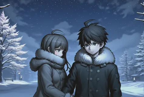 a couple, tender embrace, romantic scenery, moonlit night, silhouette figures, soft illumination, close connection, loving gestures, dreamlike ambiance, cozy atmosphere, warm clothing, winter wonderland, snowy background, handholding, fur coat, cuddle position, content expressions, danganronpa style, thick lines, full-body portrait, detailed eyes, close-up, 